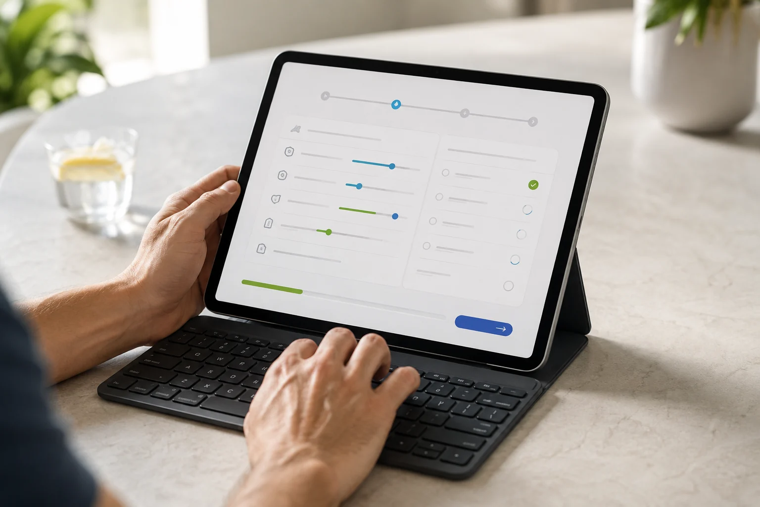 Ein Mann füllt den persönlichen Zielfit-Fragebogen am Tablet aus