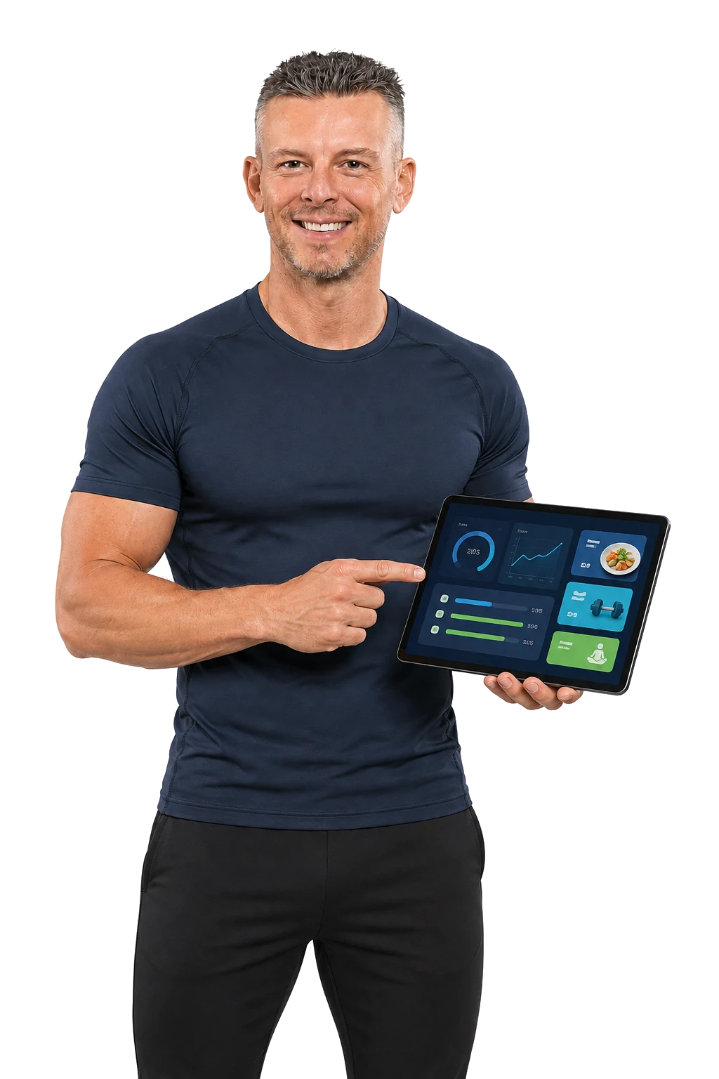 Zielfit-Trainer Raimund präsentiert den persönlichen Ernährungs- und Trainingsplan auf einem Tablet