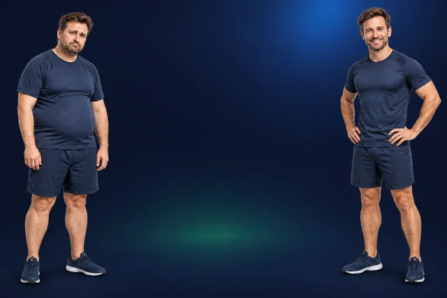 Derselbe Mann vor und nach einer realistischen Fitness- und Ernährungstransformation