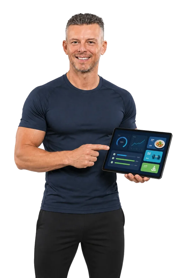 Zielfit-Trainer Raimund präsentiert den persönlichen Ernährungs- und Trainingsplan auf einem Tablet