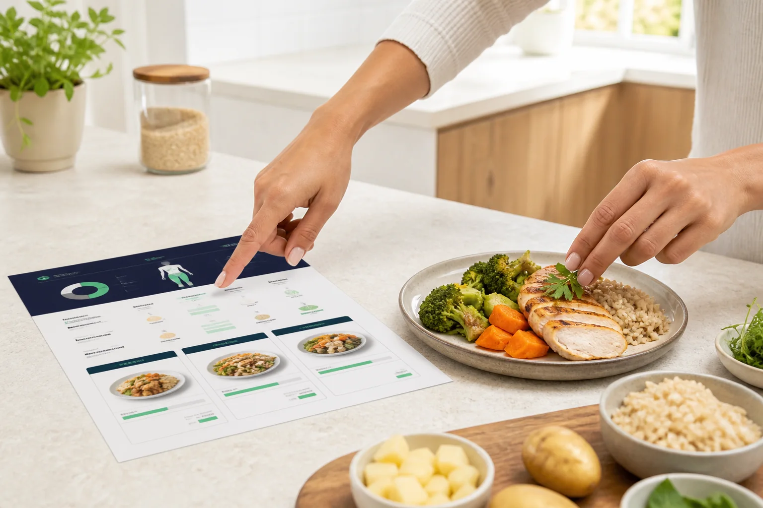 Persönlicher Ernährungsplan wird in einer modernen Küche als konkrete Mahlzeit umgesetzt