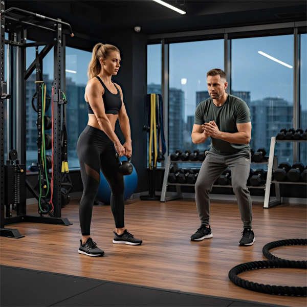 Personal Trainer in der nähe trainiert mit Klientin