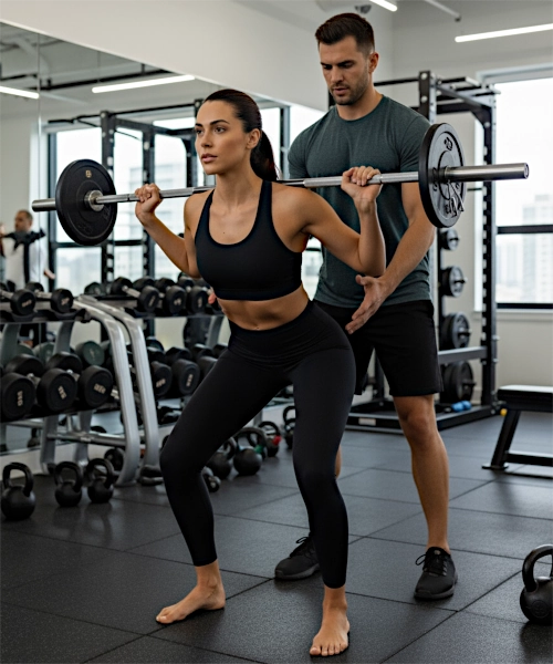 personal trainer in der nähe trainiert krafttraining mit einer frau